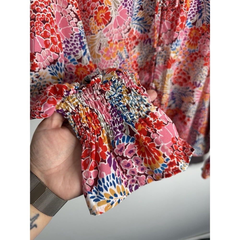 Floral Tie Neck Boho Blouse Ruffle Smocked Sleeve Peasant 2XL Artsy Romantic - Picture 6 of 9